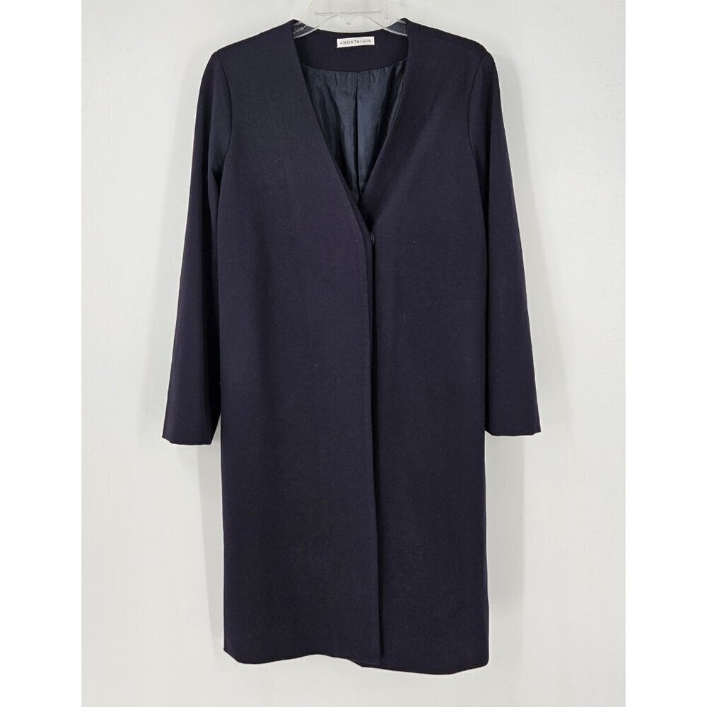 Nostalgia Sz M Navy Blue Collarless Lined Midi Dress Jacket 1 Snap Open Front